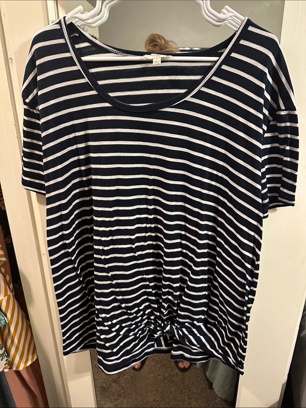 Umgee Navy and White Striped Knot-Front Short Sleeve Top